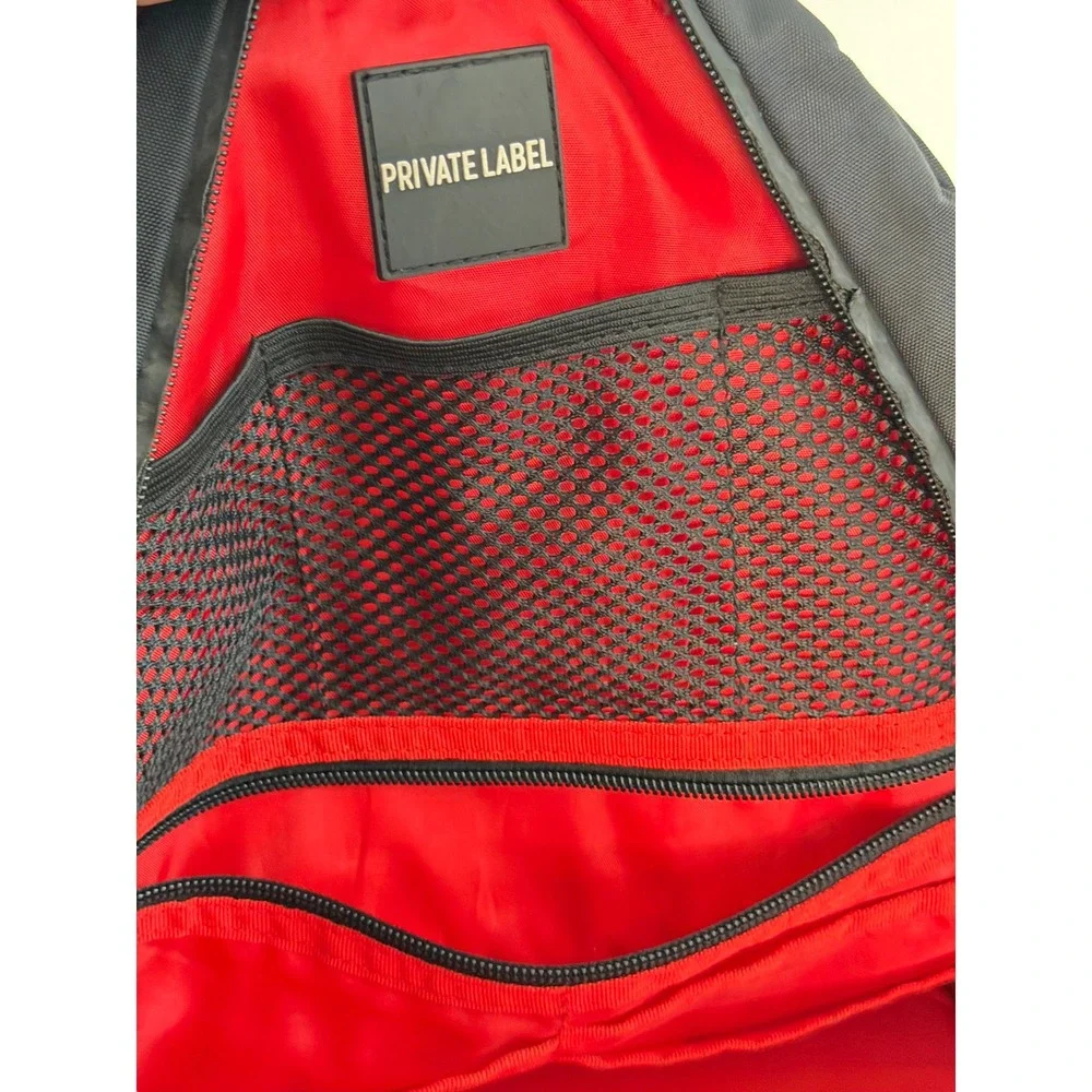 Private Label Black Nylon Backpack Red Interior Mesh Pockets‎ Travel Bag